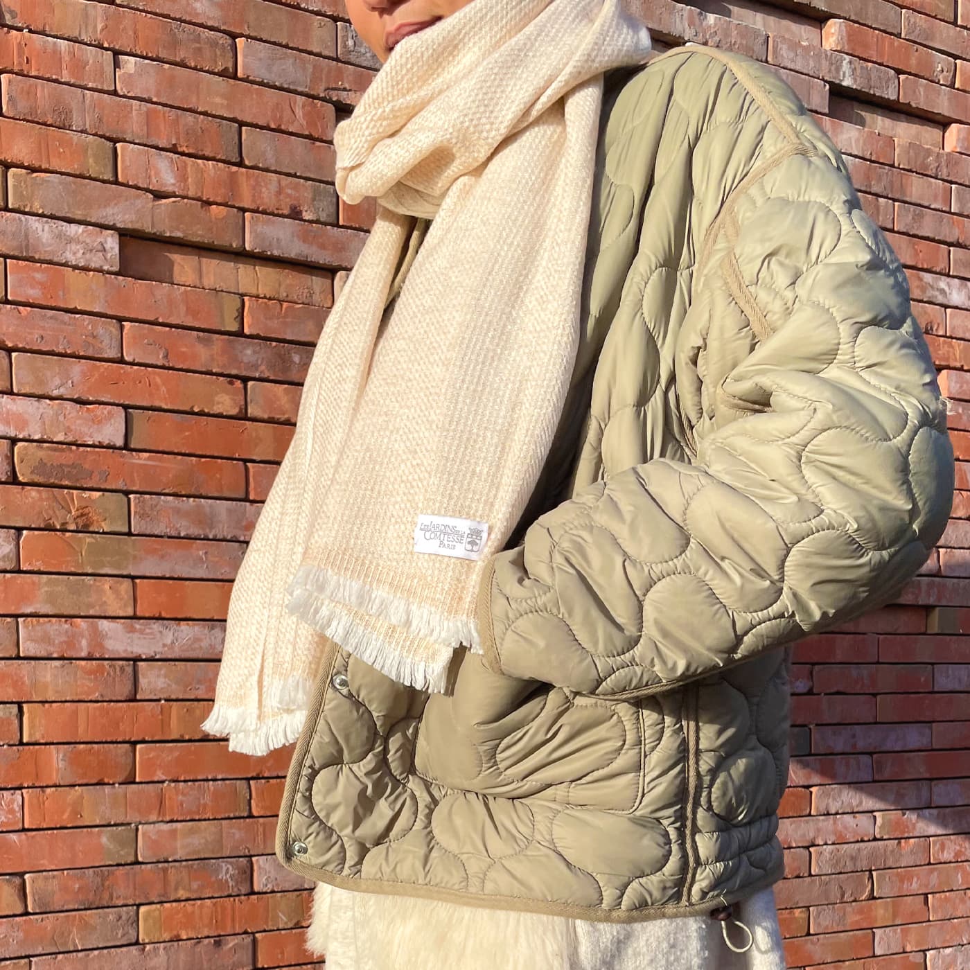 Damessjaal van kasjmier en wol 40 x 190 cm - Tweekleurig Camel / Wit