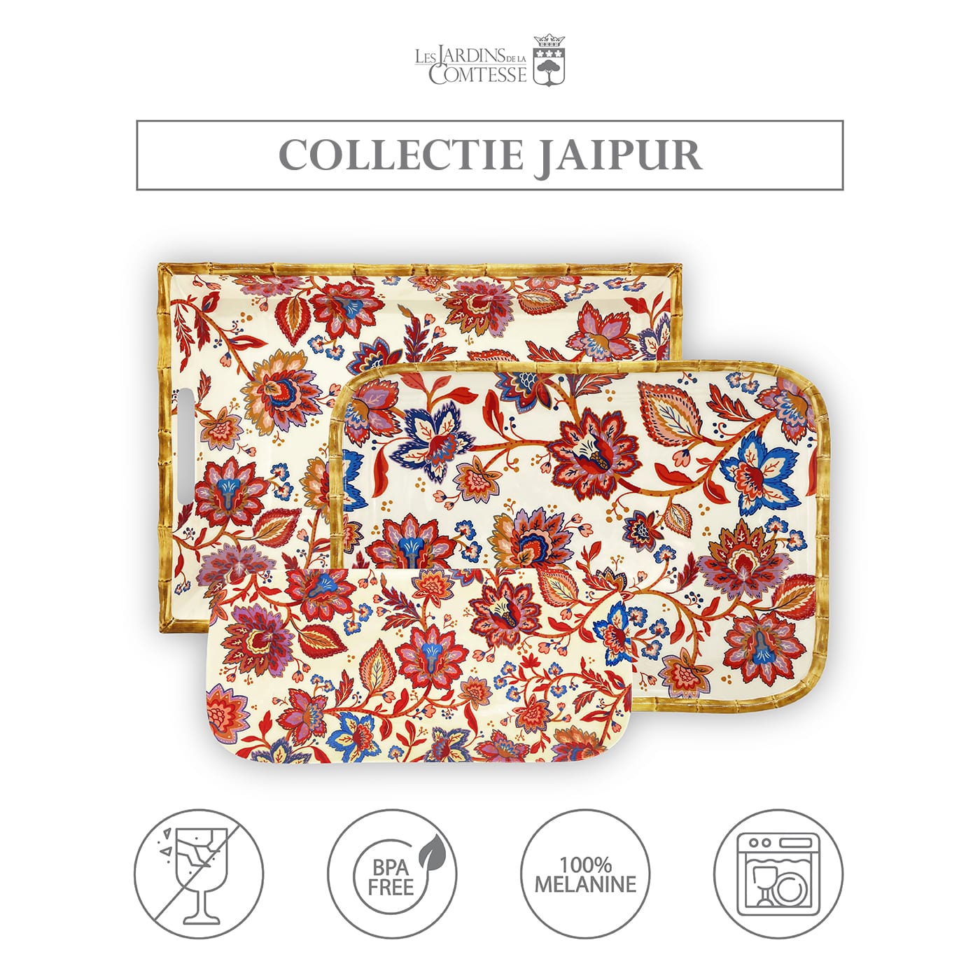 Groot rechthoekig melamine dienblad met Indiase bloemen - 45 x 32 cm