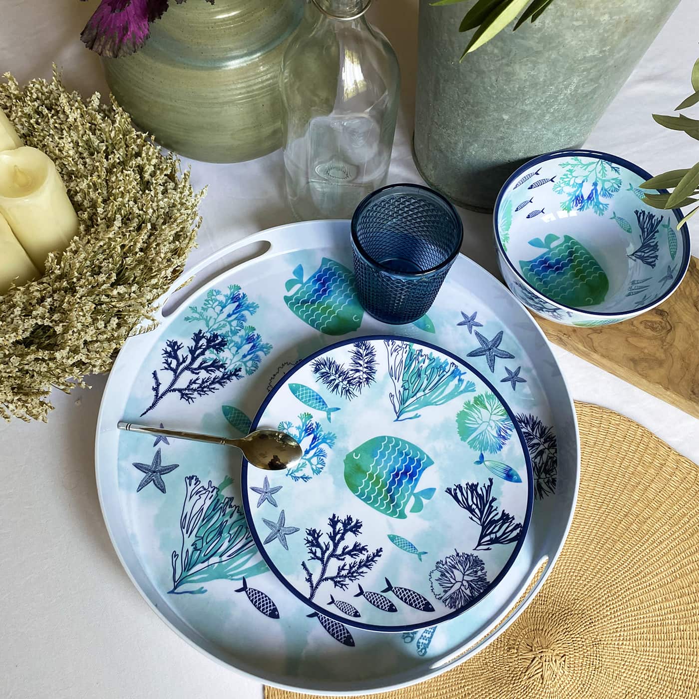 Rond dienblad met handvaten in melamine met vis - Ø 36 cm