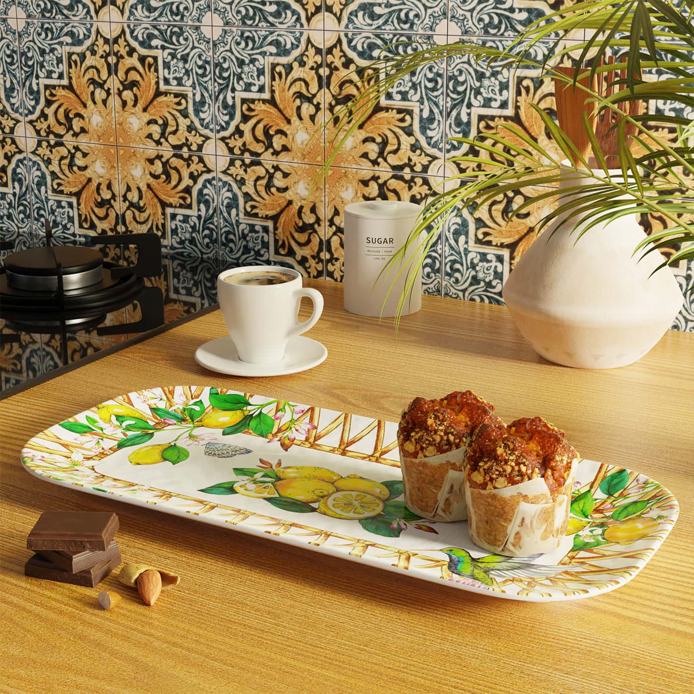 Lange rechthoekige taartschaal in melamine met citroenen - 37,5 cm
