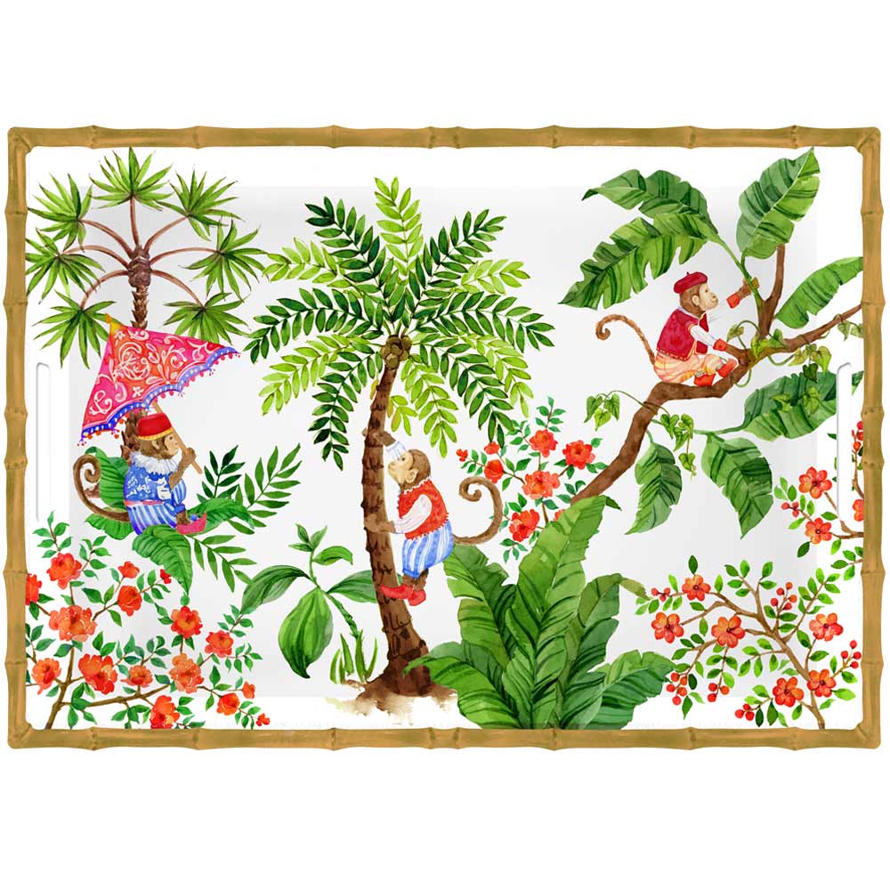 Groot dienblad met handgrepen in melamine met aapjes - 50 x 36 x 5 cm