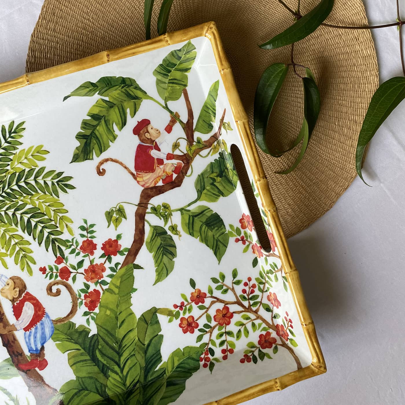 Groot dienblad met handgrepen in melamine met aapjes - 50 x 36 x 5 cm