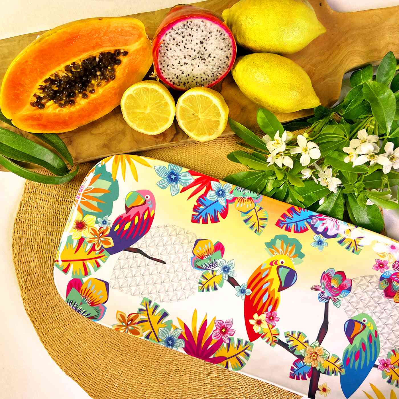 Lange rechthoekige taartschaal in melamine met papegaaien - 37,5 cm
