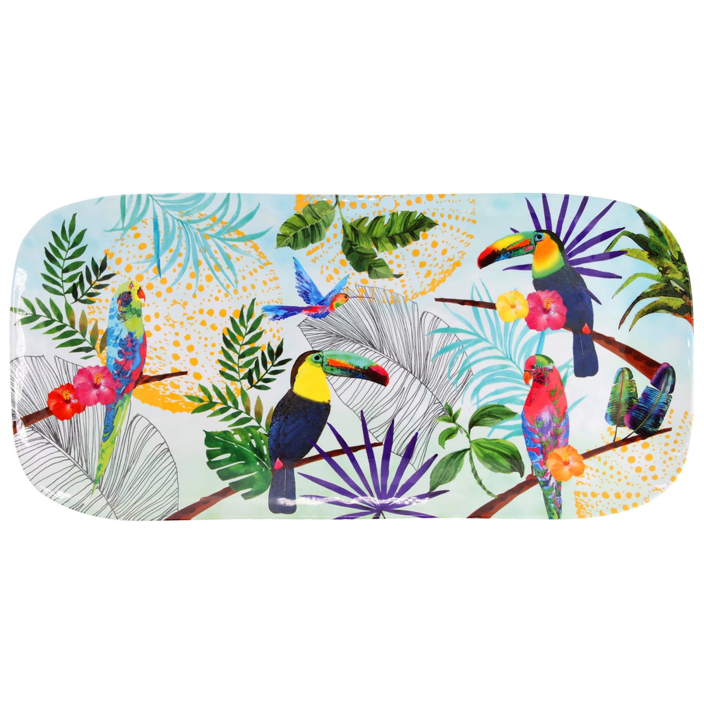 Lange rechthoekige taartschaal in melamine met toekans - 37,5 cm