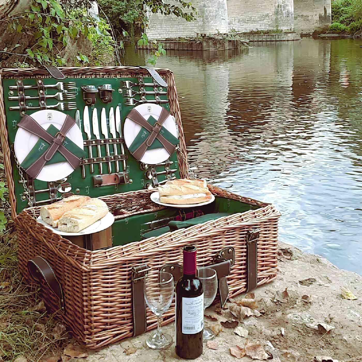 Prestige Picknickmand met leer Champs-Elysées groen - 6 personen