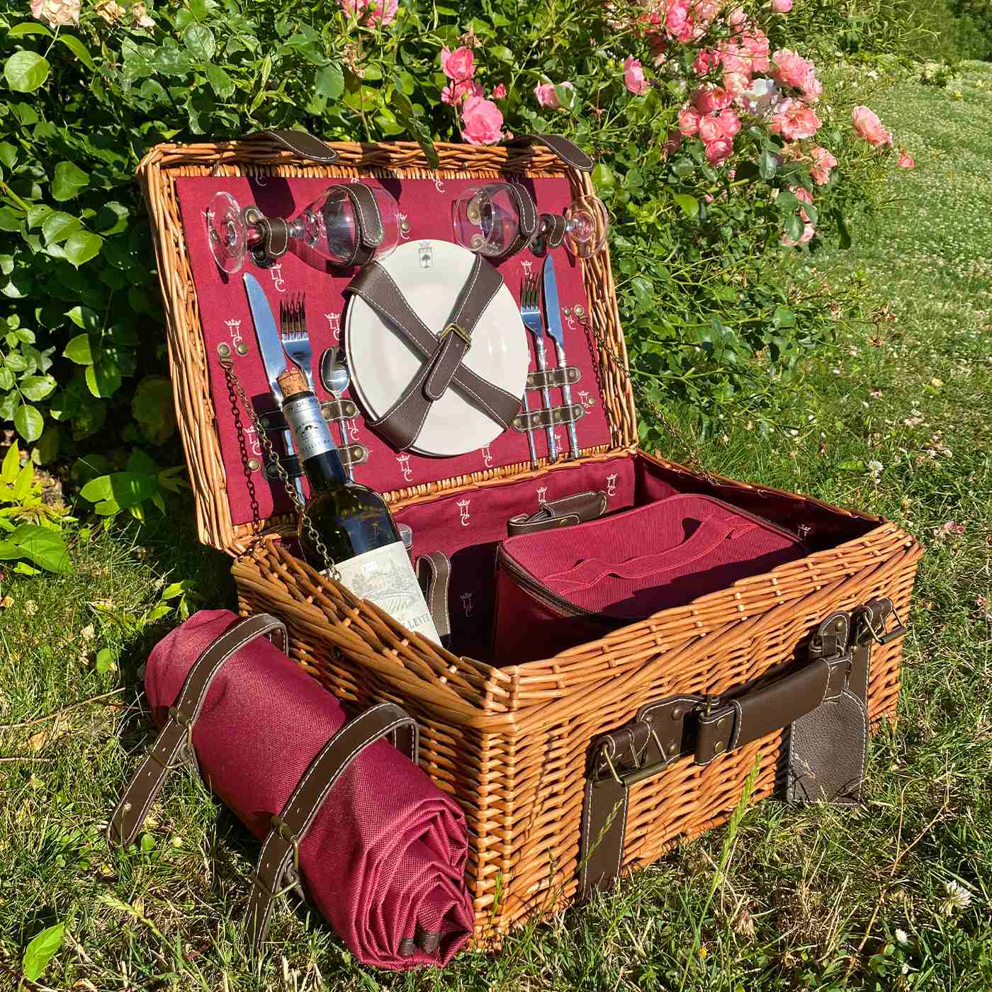 Prestige Picknickmand met leer Champs-Elysées bordeauxrood 2 personen