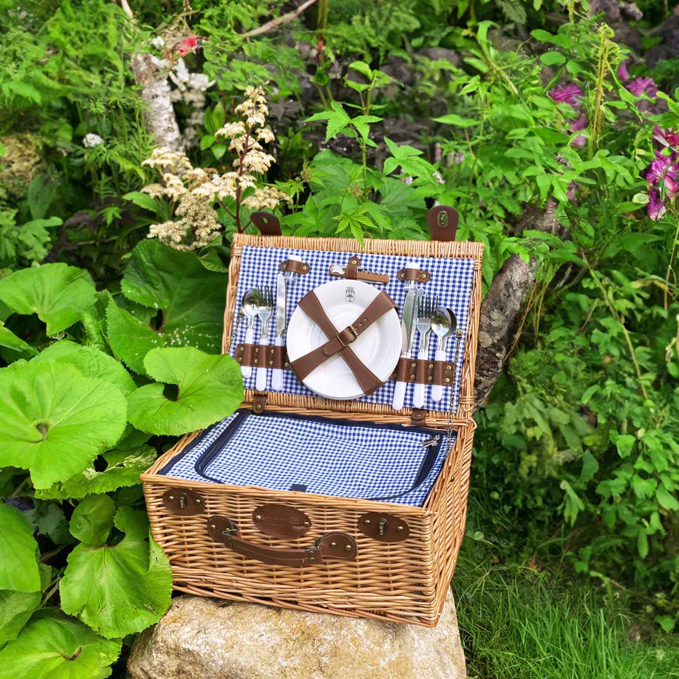 Picknickmand Marly blauw geruite stof - 4 personen