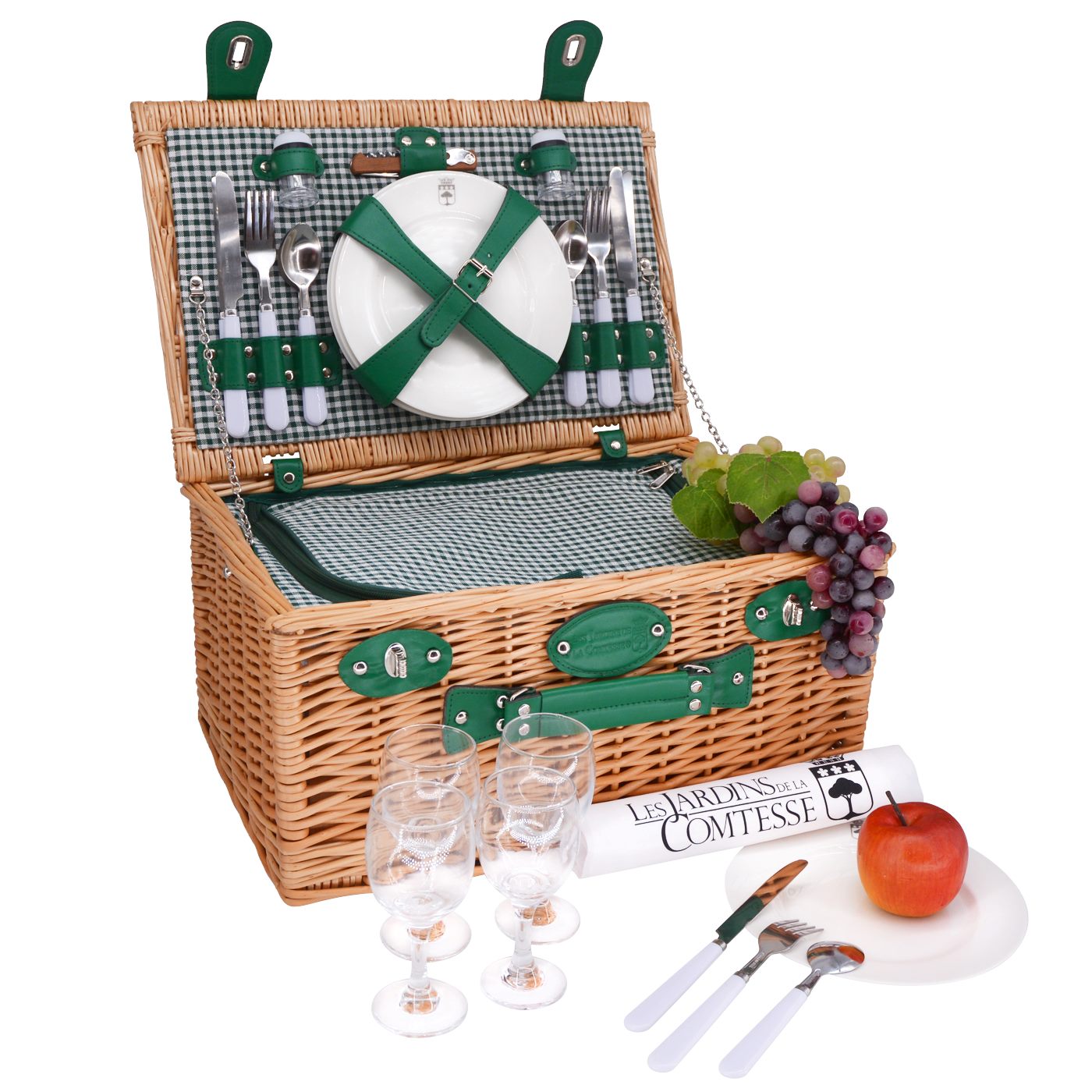 Picknickmand van riet Marly groen - 4 personen