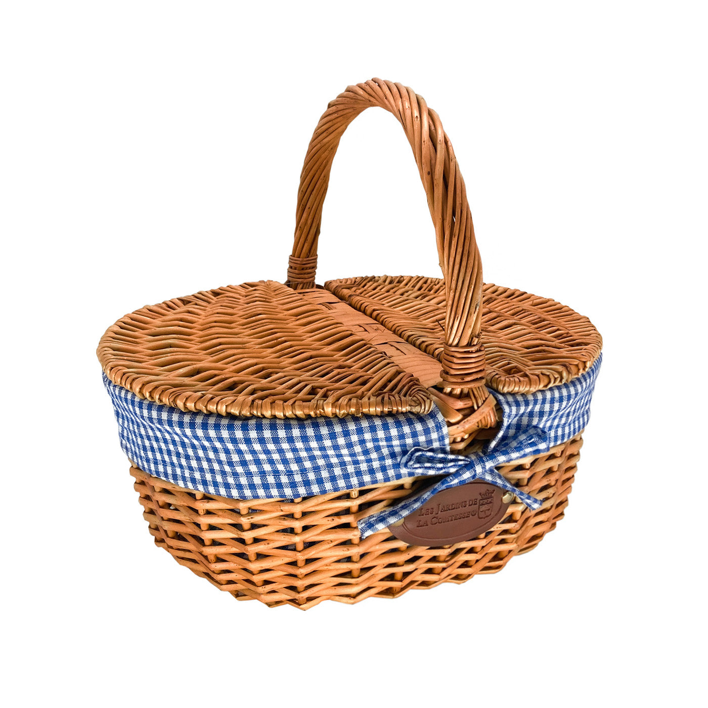 Rieten mand Campagne blauw ruite stof