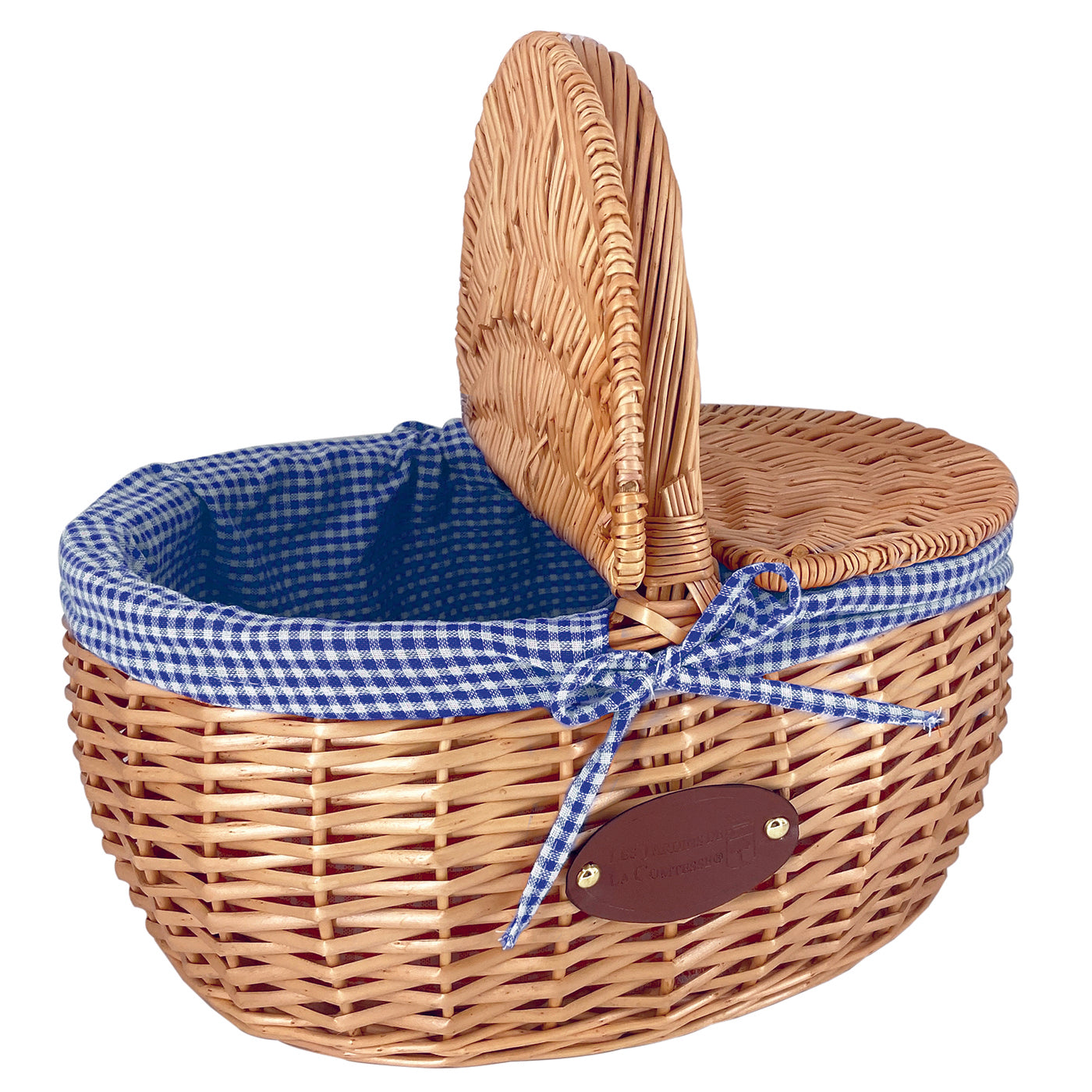 Rieten mand Campagne blauw ruite stof