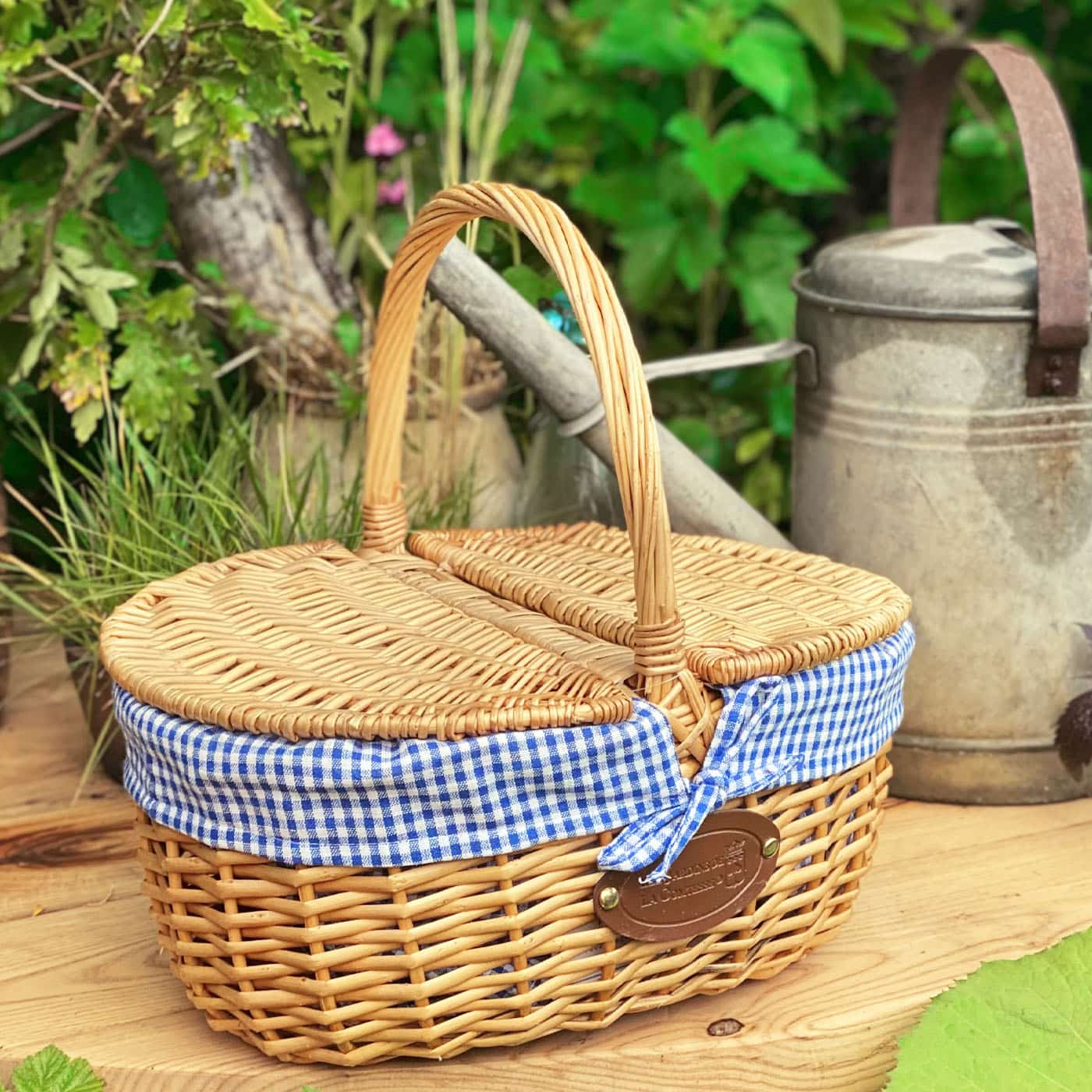Rieten mand Campagne blauw ruite stof