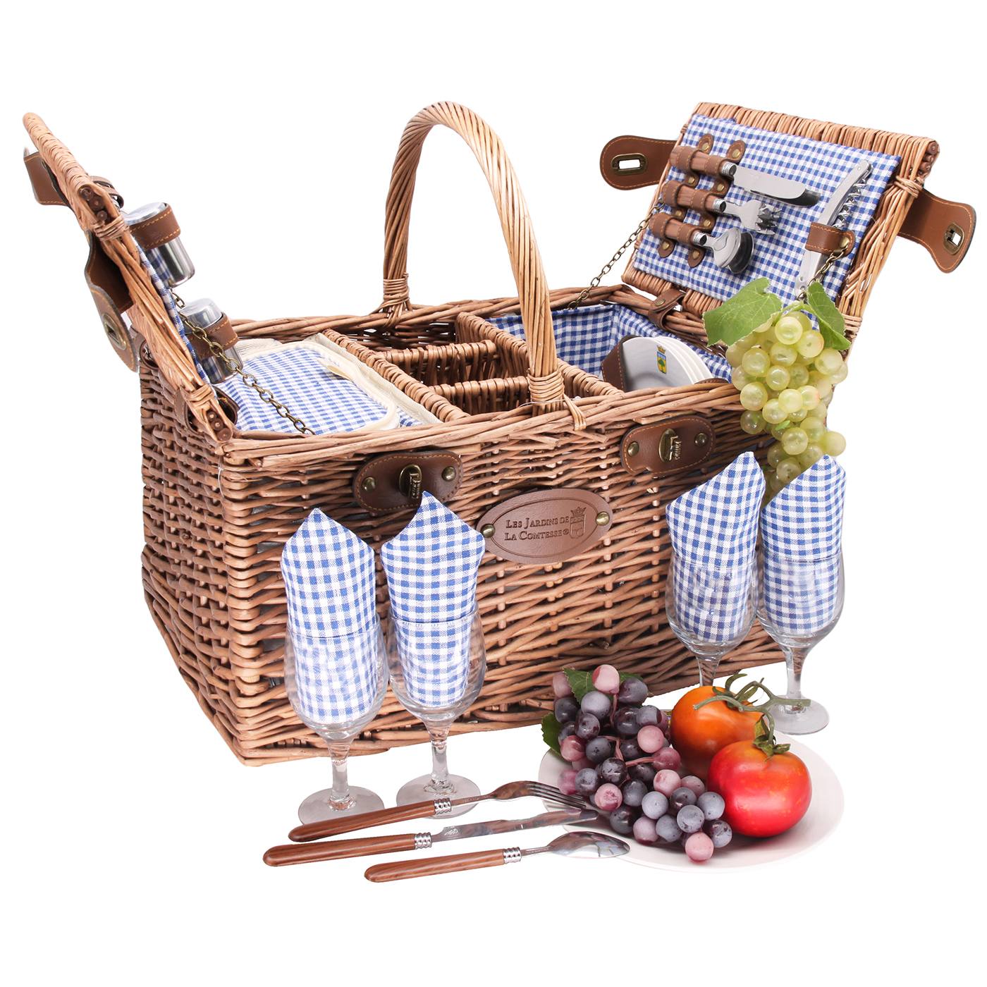 Picknickmand Saint-Germain blauw geruite stof - 4 personen