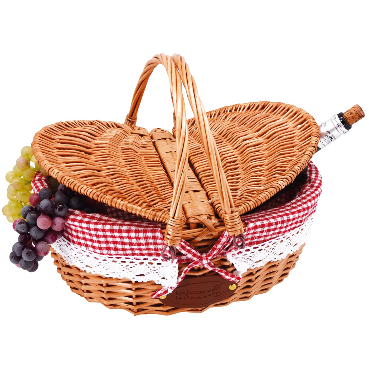 Rieten mand met kanten rood-wit geruite stof