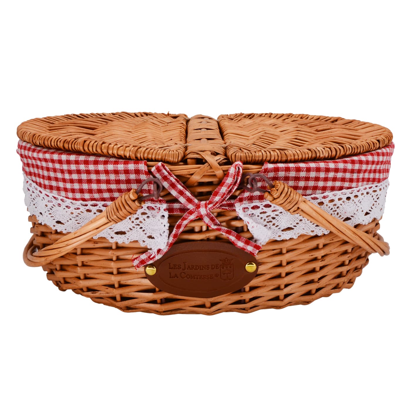 Rieten mand met kanten rood-wit geruite stof