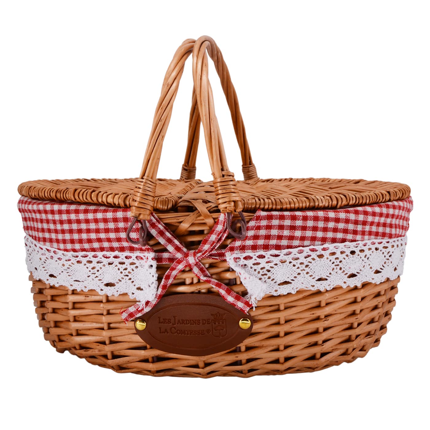 Rieten mand met kanten rood-wit geruite stof