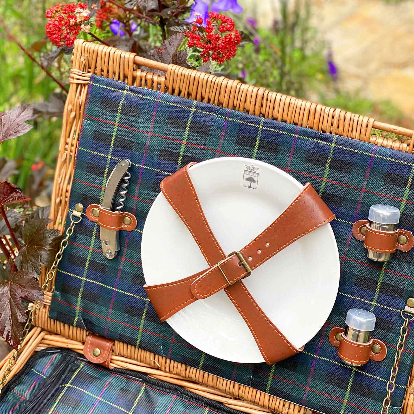 Picknickmand van leer en groene ruit - 4 personen