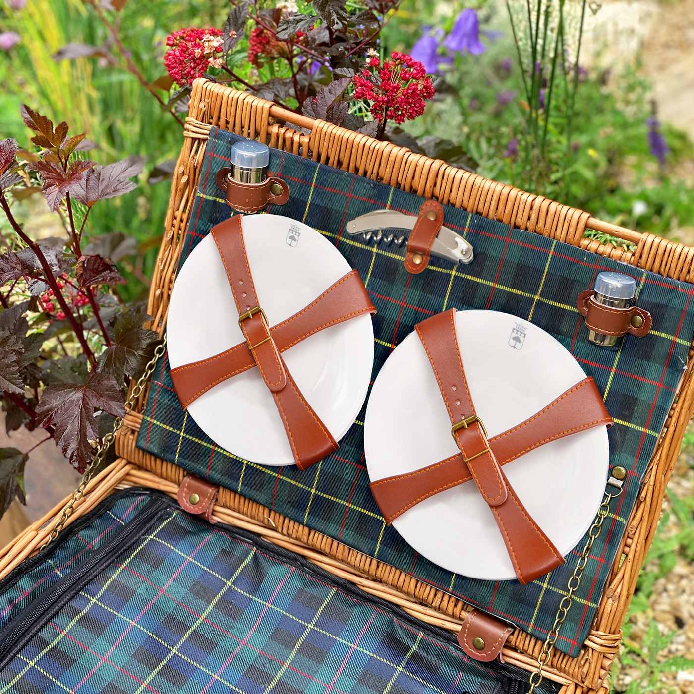 Picknickmand van leer en groene ruit - 6 personen