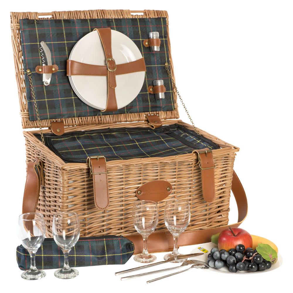 Picknickmand van leer en groene ruit - 4 personen