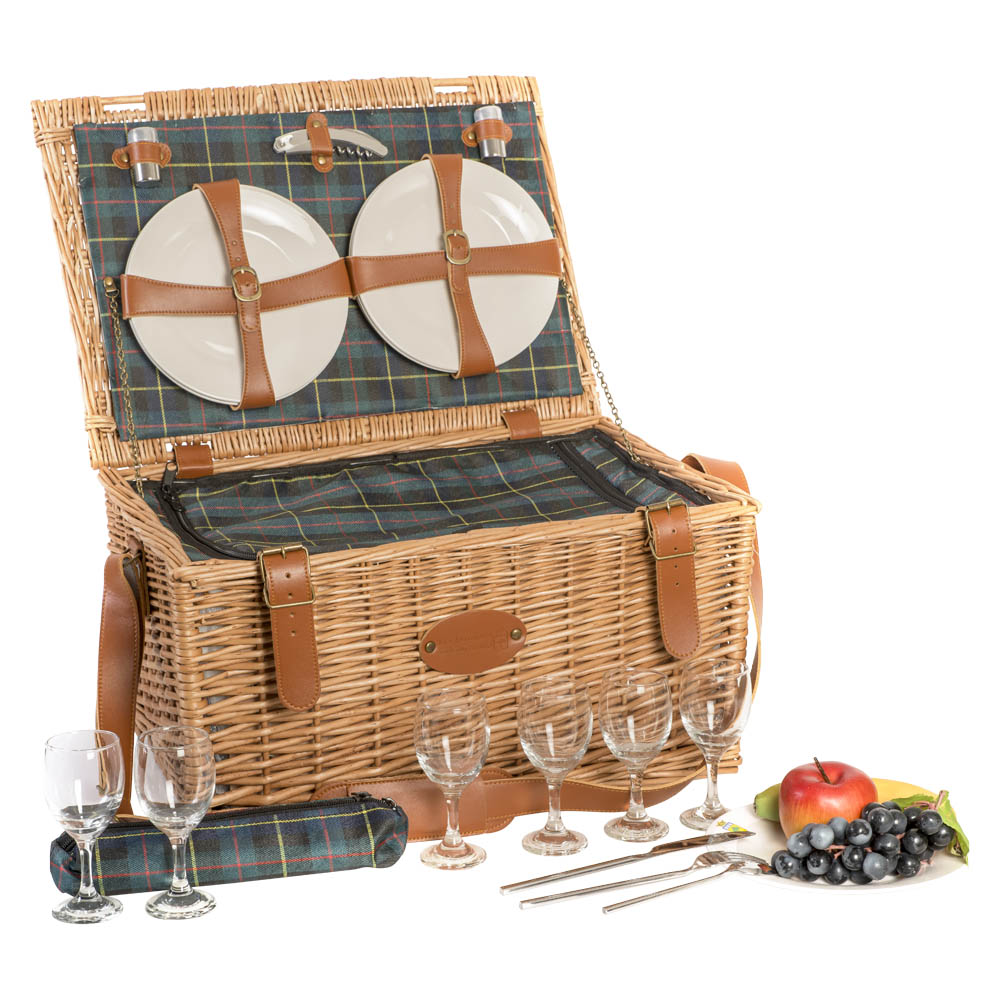 Picknickmand van leer en groene ruit - 6 personen