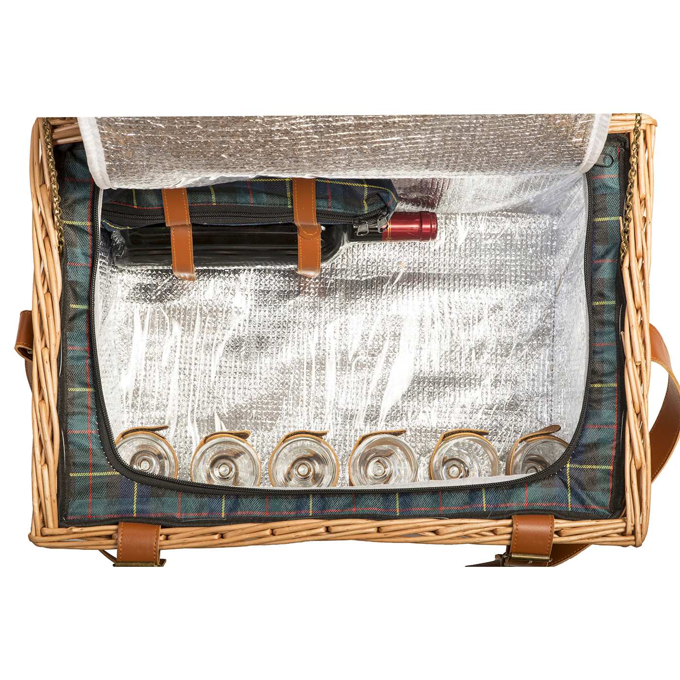 Picknickmand van leer en groene ruit - 6 personen