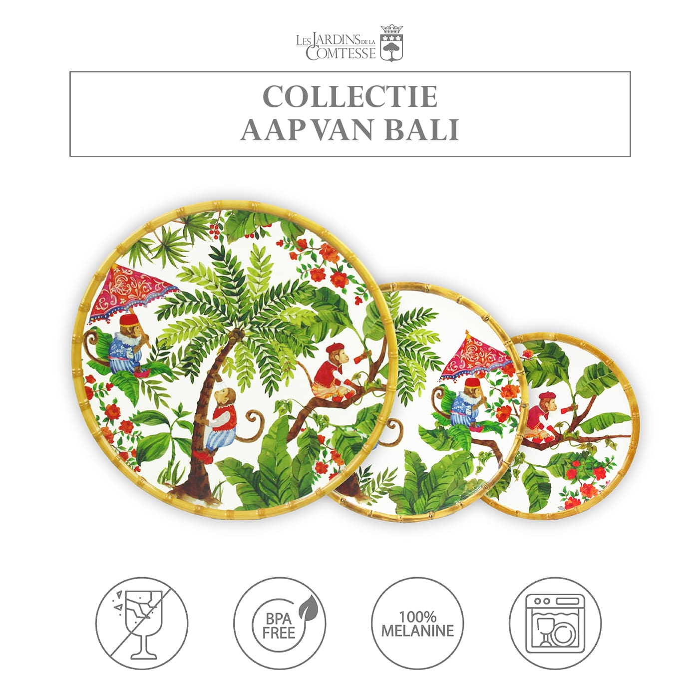 Dessertbord in melamine met aapjes - Ø 23 cm