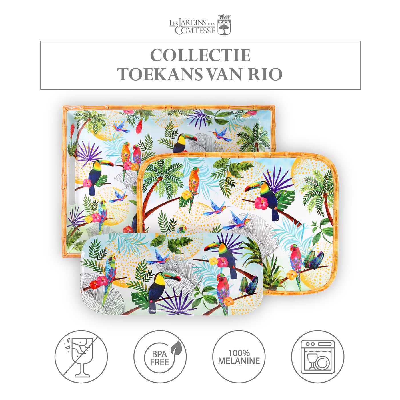 Rechthoekig dienblad met afgeronde hoeken melamine met toekans - 45 cm