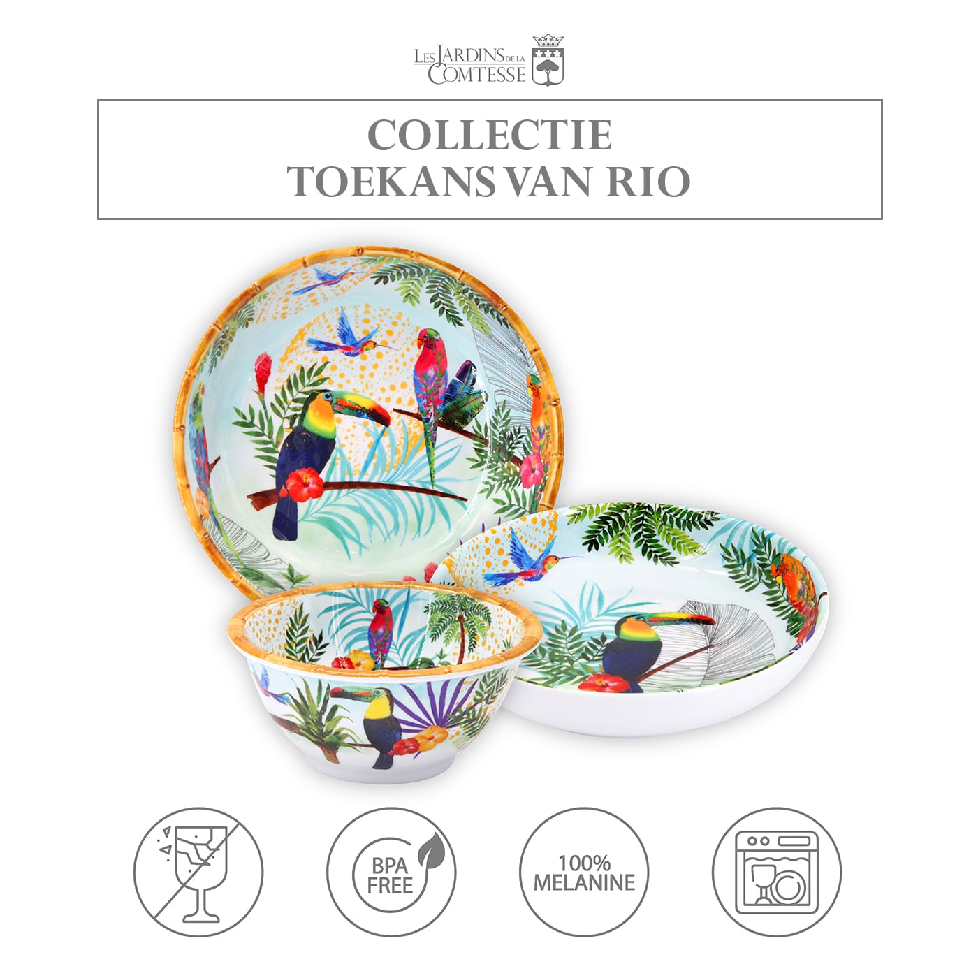 Groot soepbord melamine met toekans - Ø 23 cm