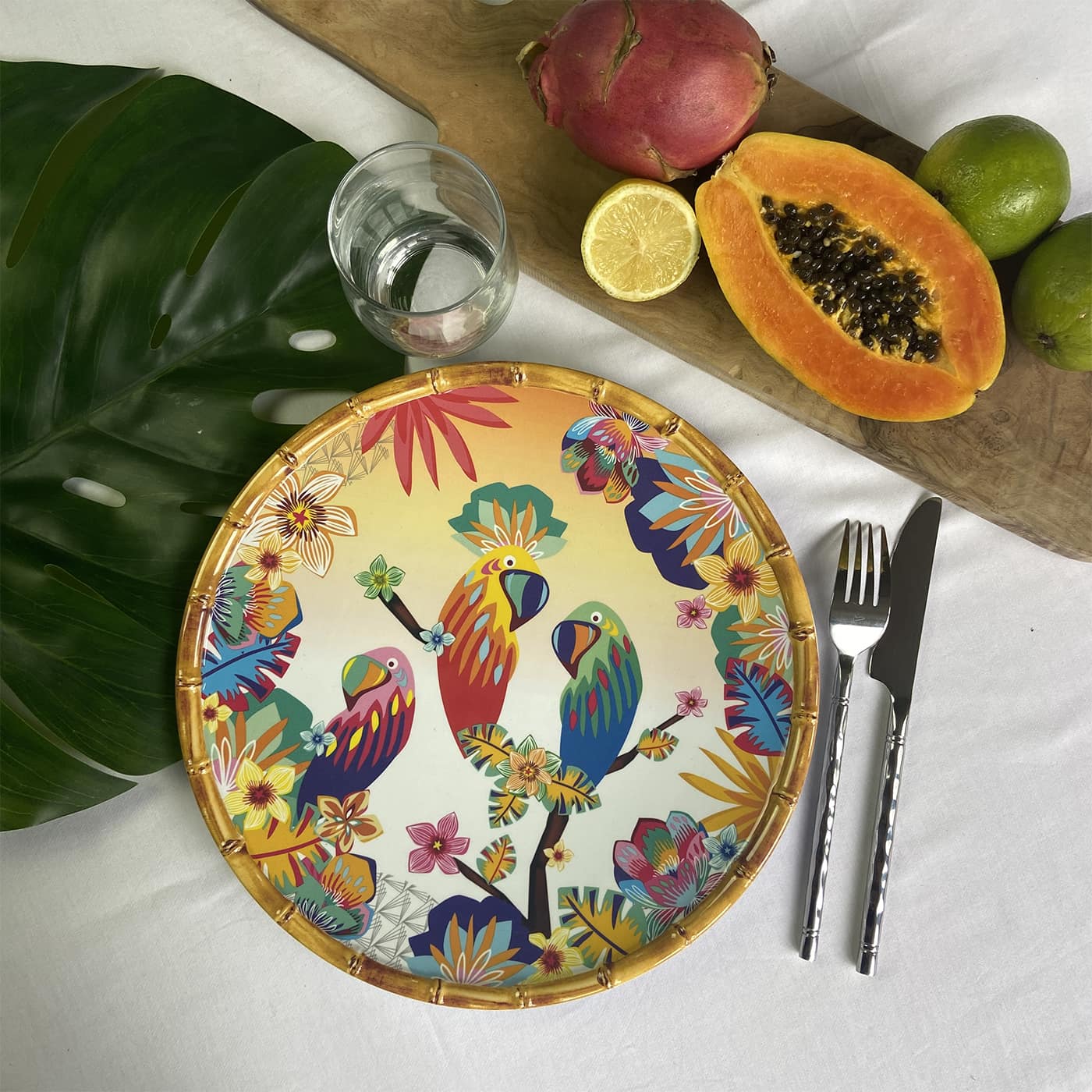 Groot eetbord in melamine met papegaaien - Ø 28 cm