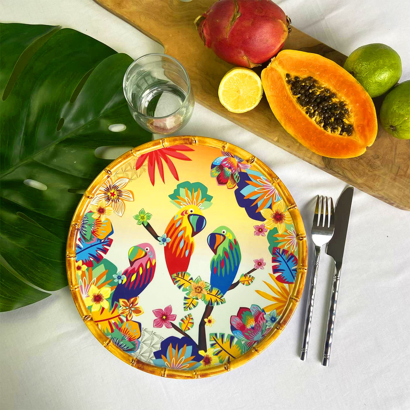 Groot eetbord in melamine met papegaaien - Ø 28 cm