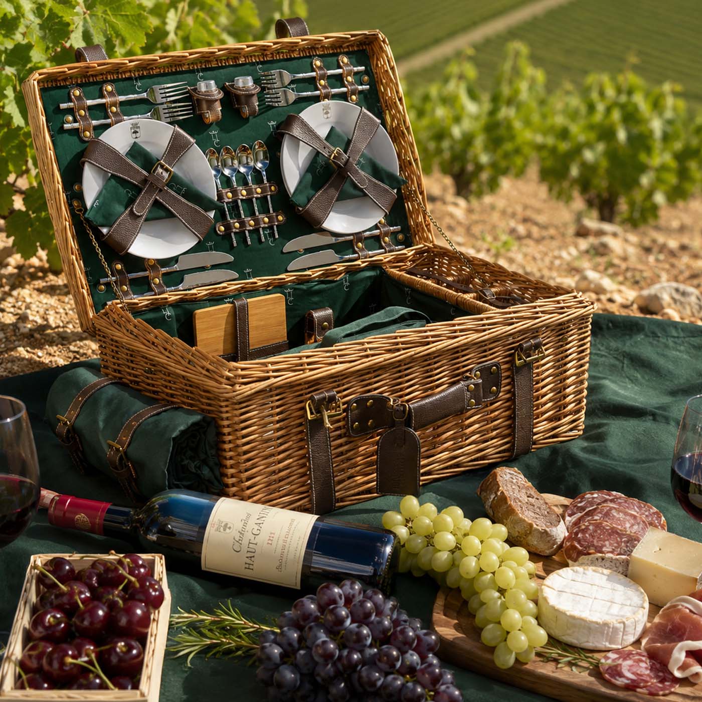 Prestige Picknickmand met leer Champs-Elysées groen - 4 personen