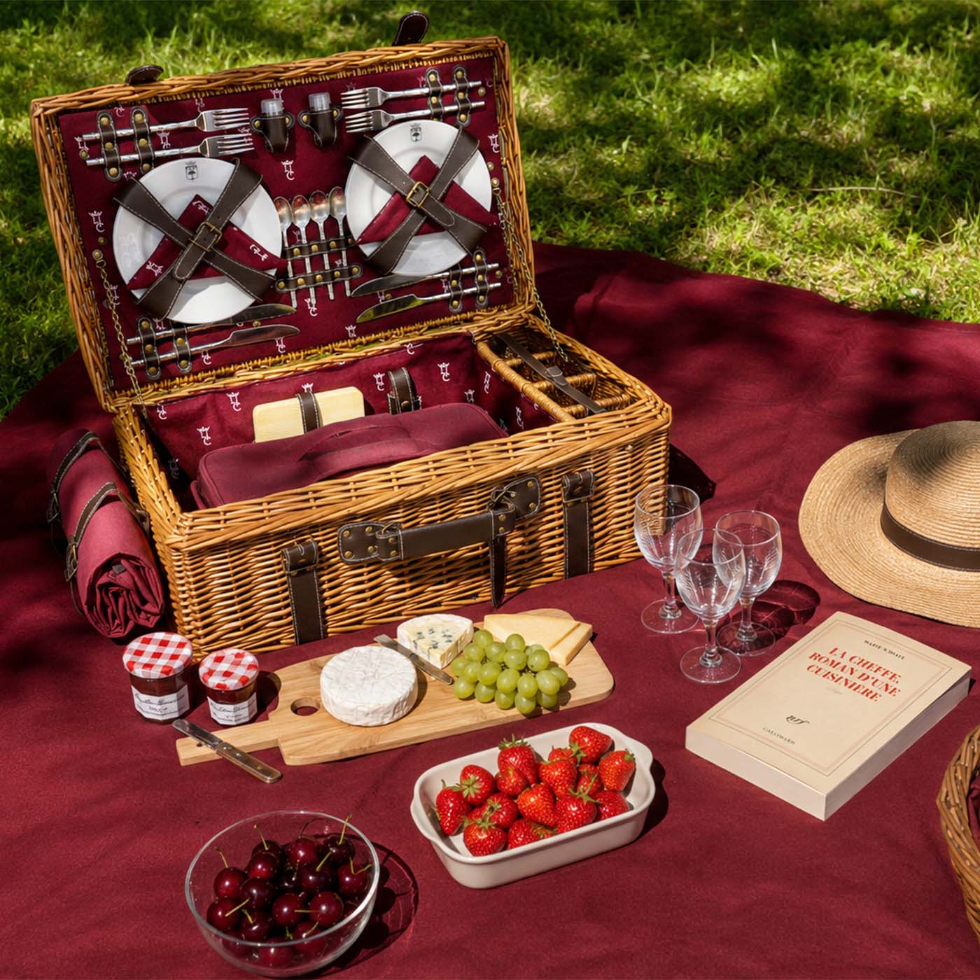 Prestige Picknickmand met leer Champs-Elysées bordeauxrood 4 personen