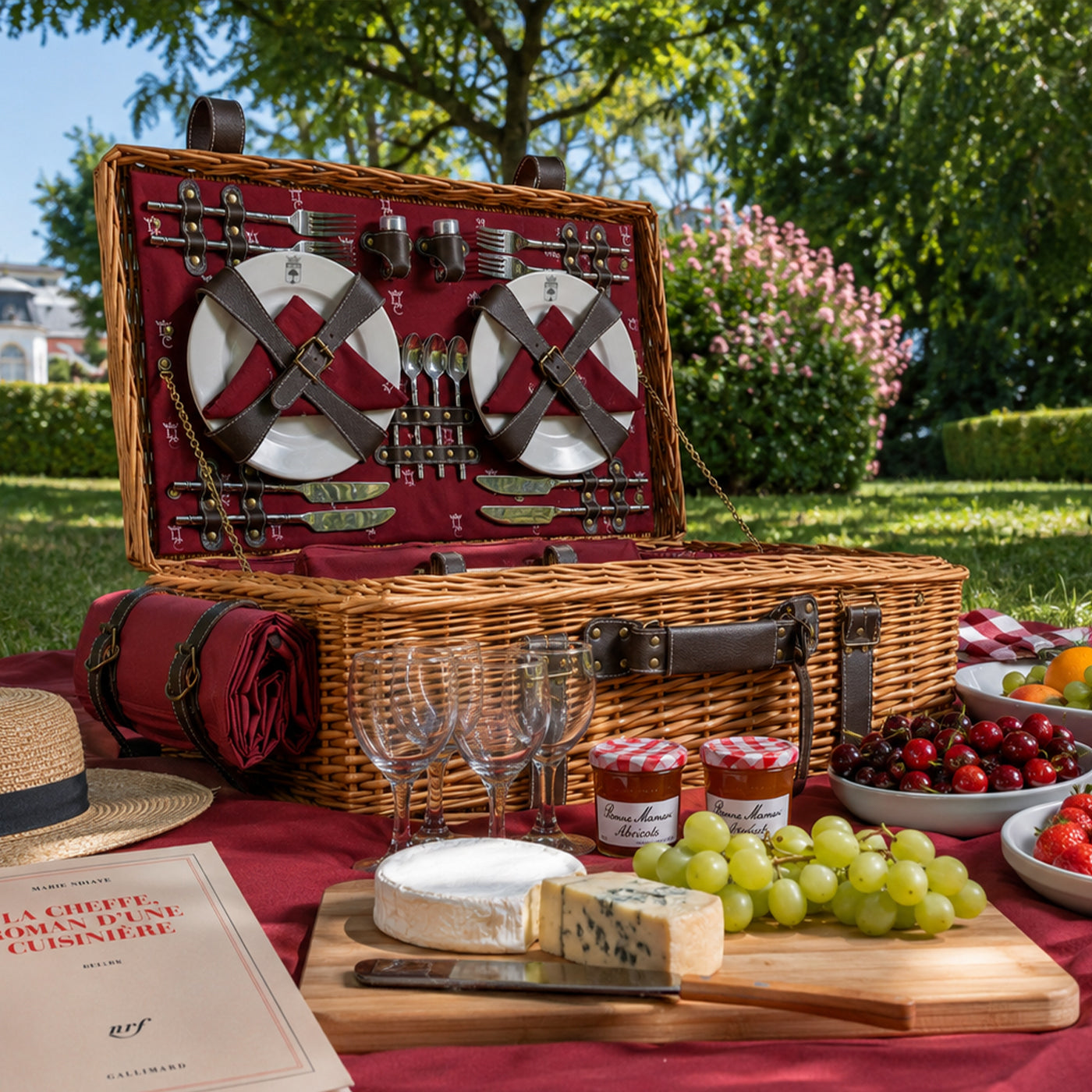 Prestige Picknickmand met leer Champs-Elysées bordeauxrood 4 personen