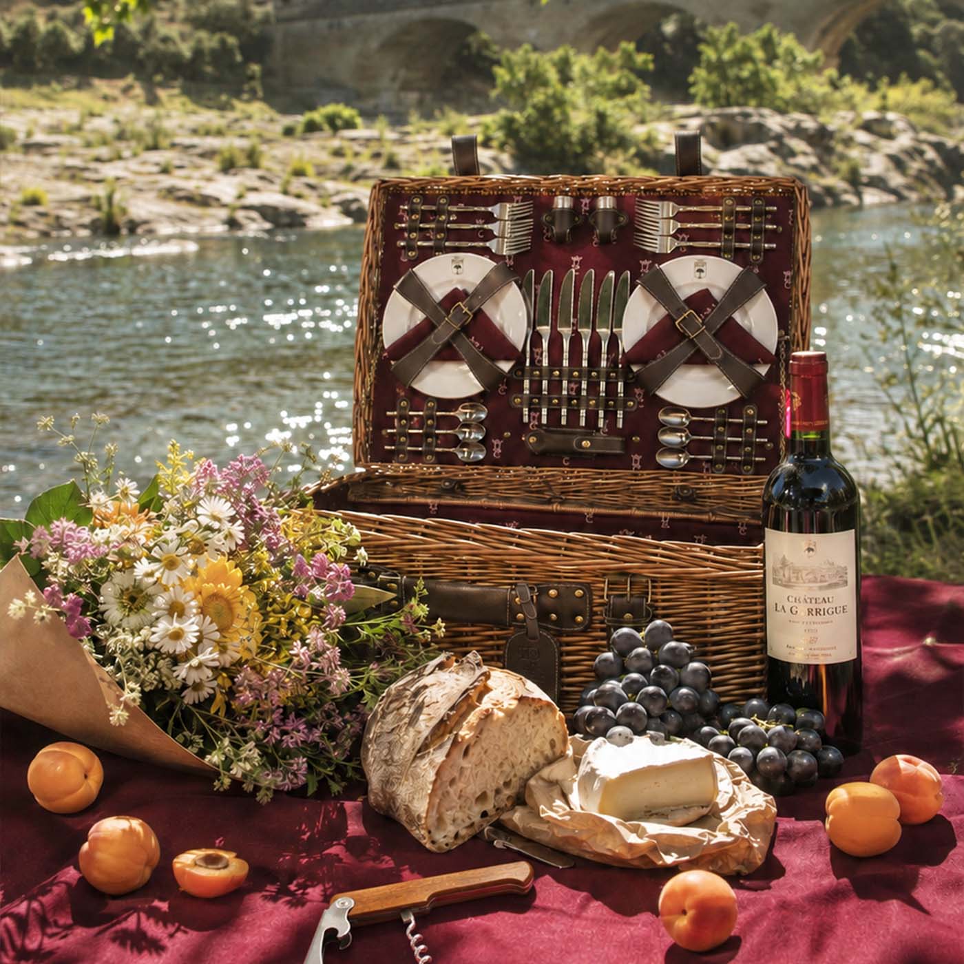 Prestige Picknickmand met leer Champs-Elysées bordeauxrood 6 personen