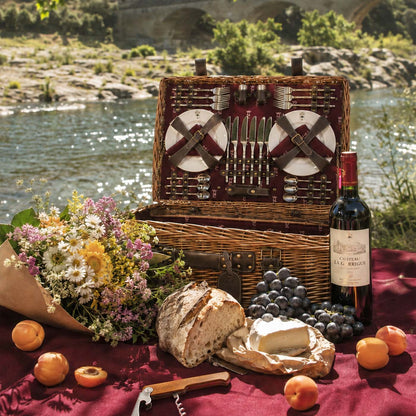 Prestige Picknickmand met leer Champs-Elysées bordeauxrood 6 personen