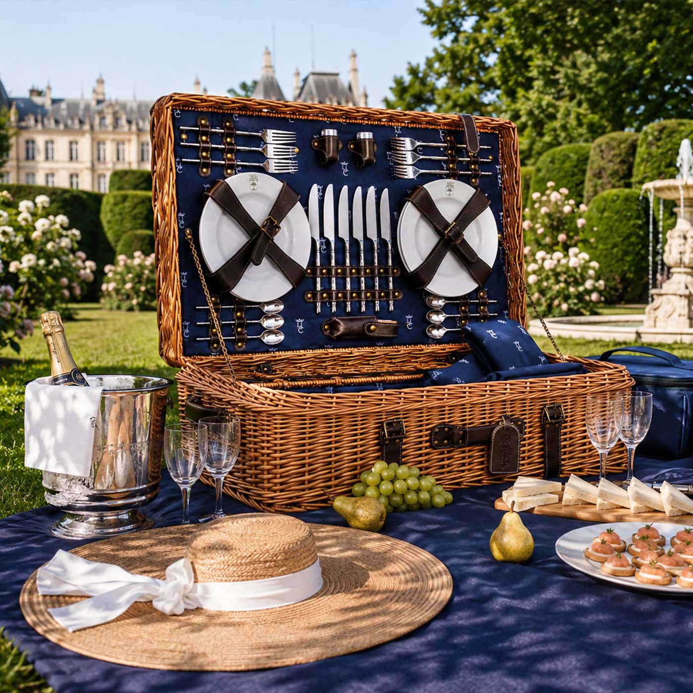 Prestige Picknickmand met leer Champs-Elysées blauw - 6 personen
