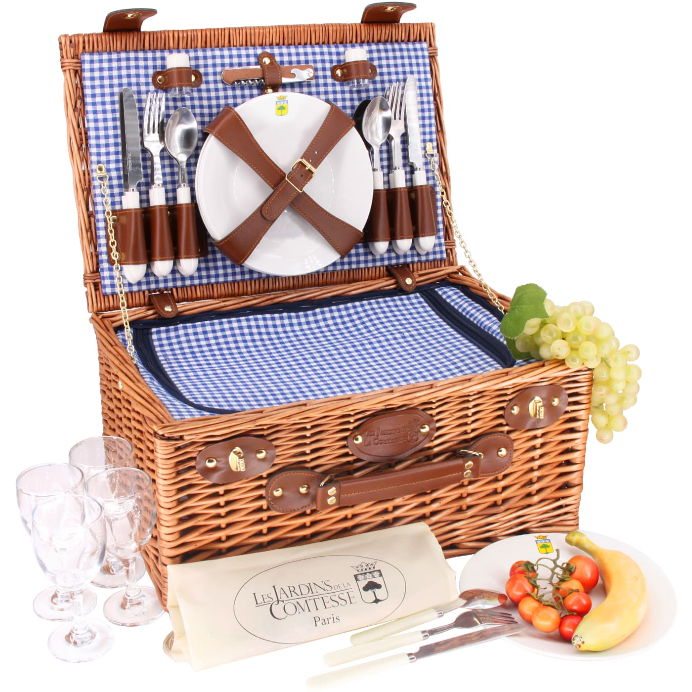 Picknickmand Marly blauw geruite stof - 4 personen