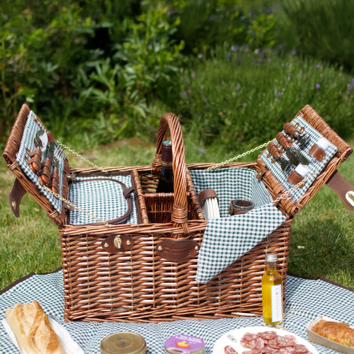 Picknickmand Saint-Germain groene geruite stof - 4 personen