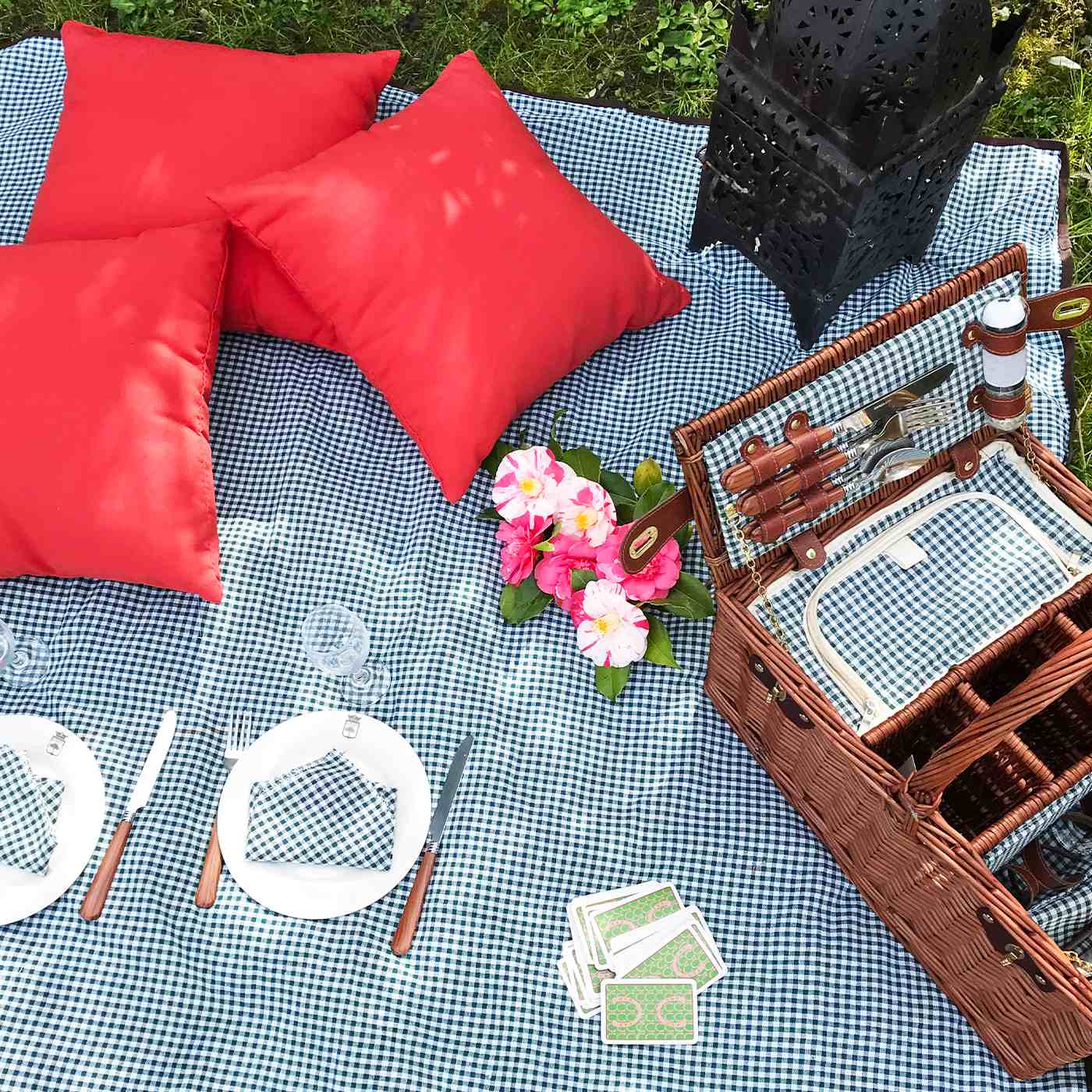 Picknickmand Saint-Germain groene geruite stof - 4 personen
