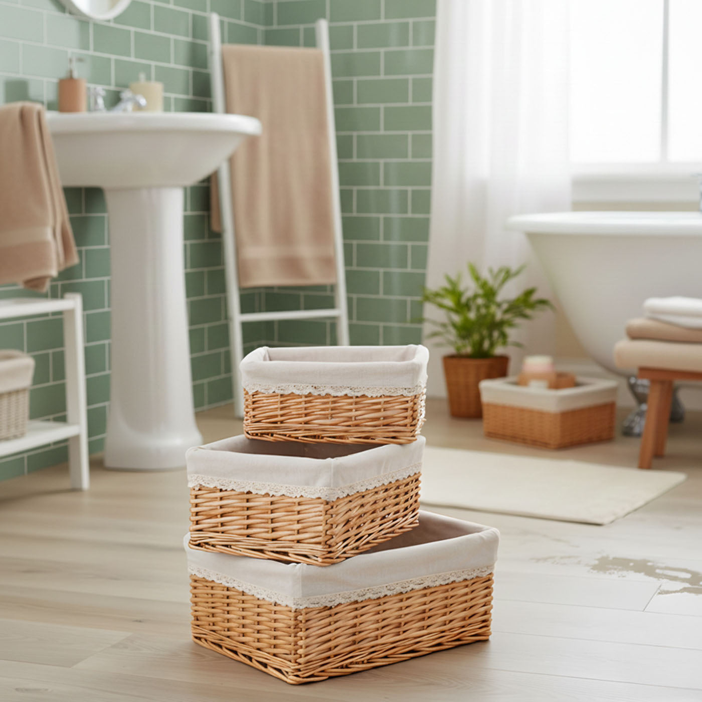 Set van 3 rieten opbergmanden - Beige stof