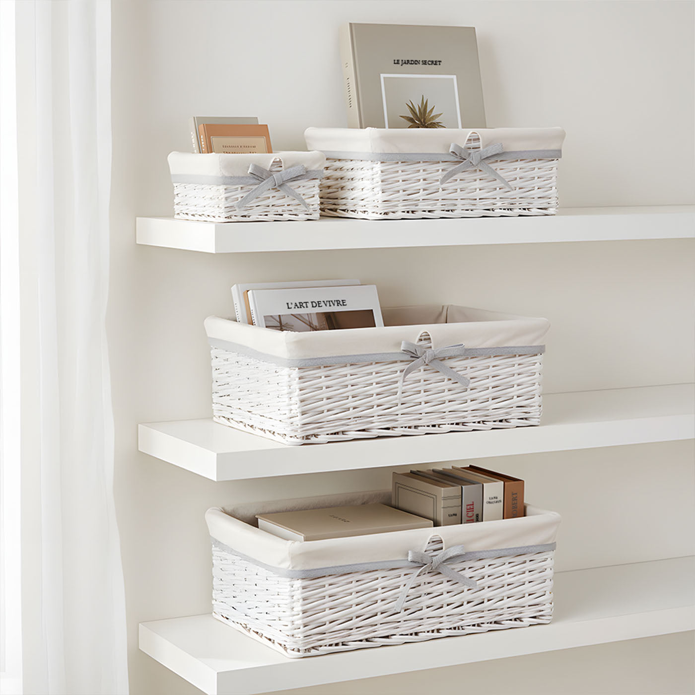 Set van 4 witte rieten opbergmanden - Witte stof