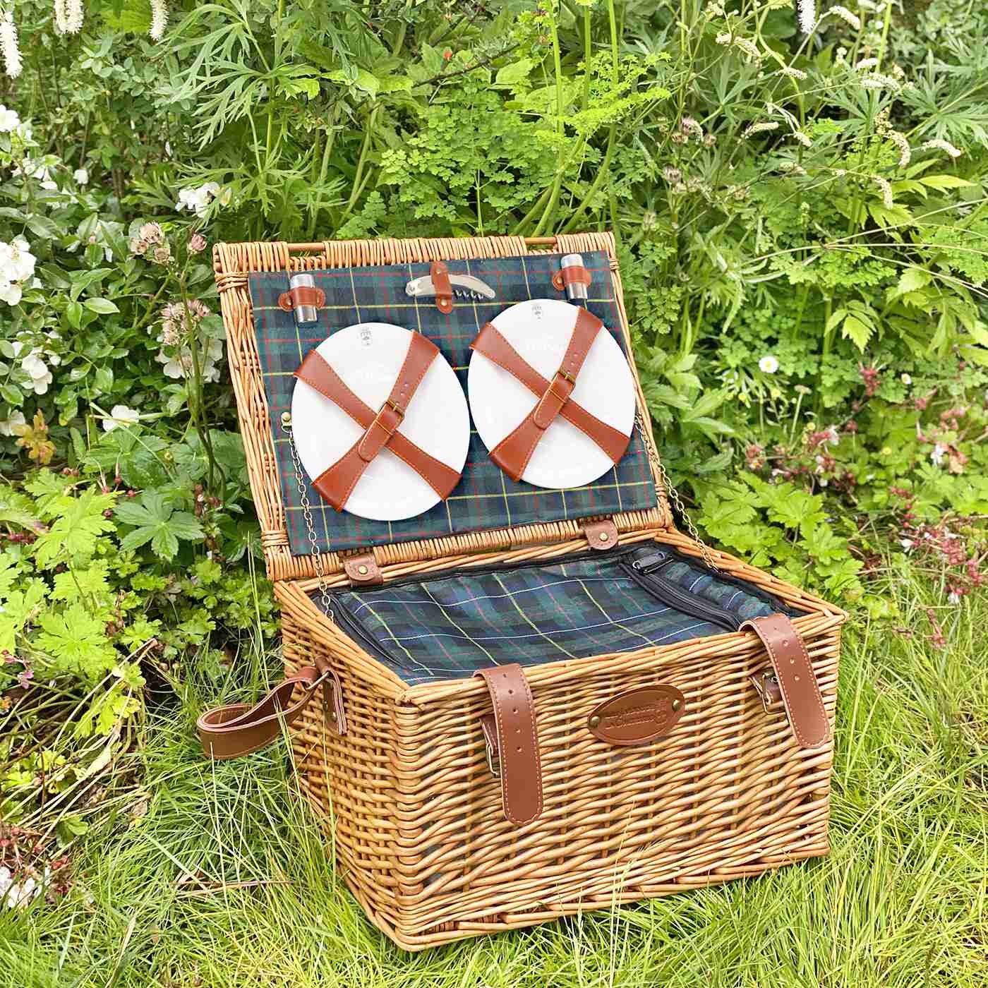 Picknickmand van leer en groene ruit - 6 personen