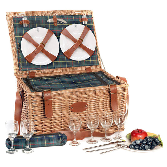 Picknickmand van leer en groene ruit - 6 personen