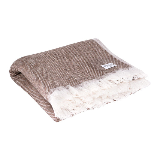 Wollen deken in bruin en ivoor - Grote visgraat - 130 x 200 cm