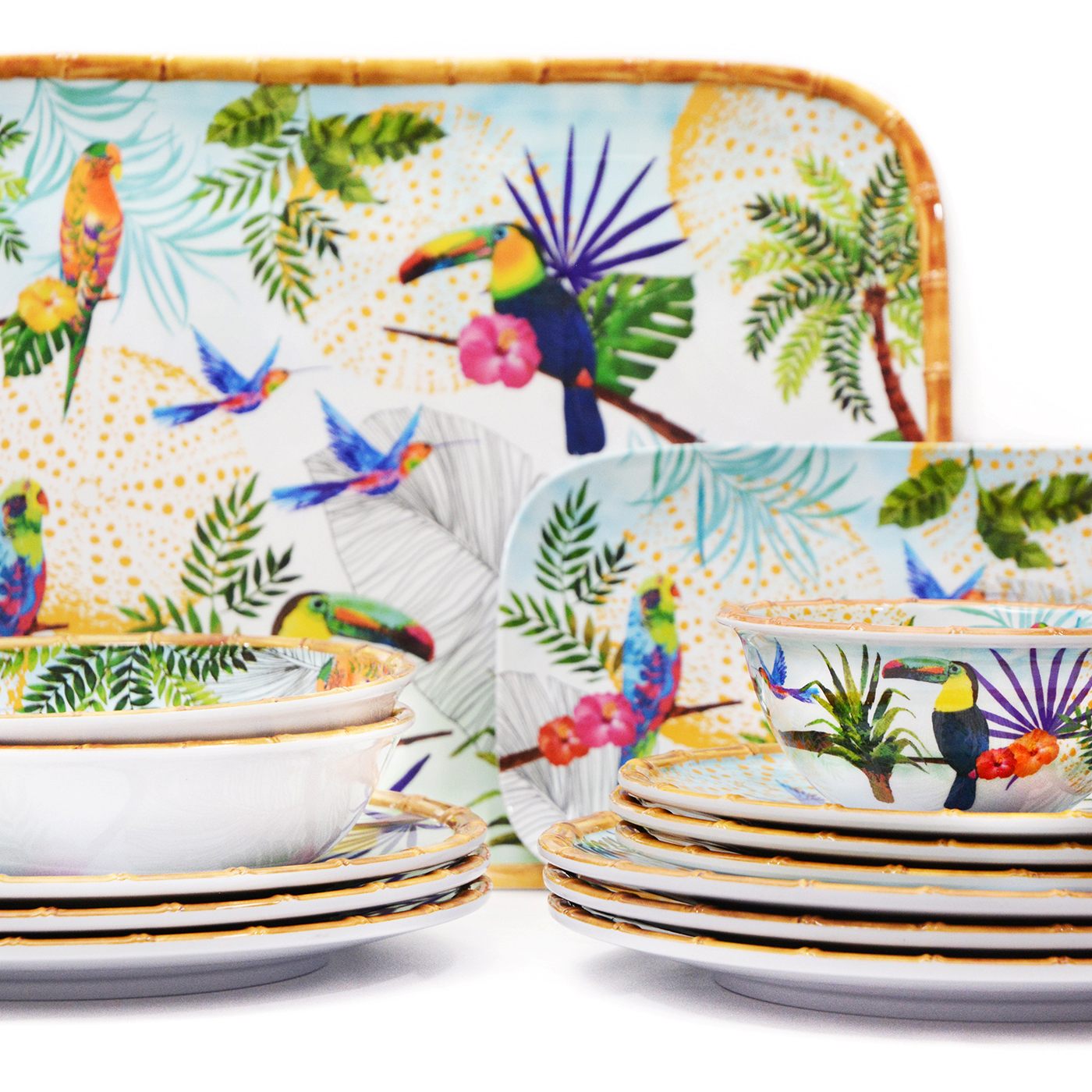 Groot dienblad met handgrepen in melamine met toekans - 50 x 36 x 5 cm