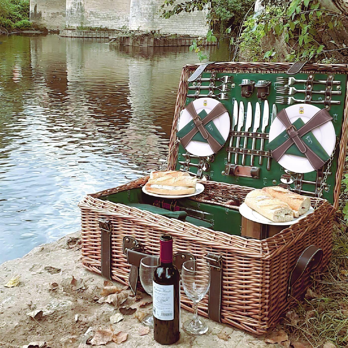 Prestige Picknickmand met leer Champs-Elysées groen - 6 personen